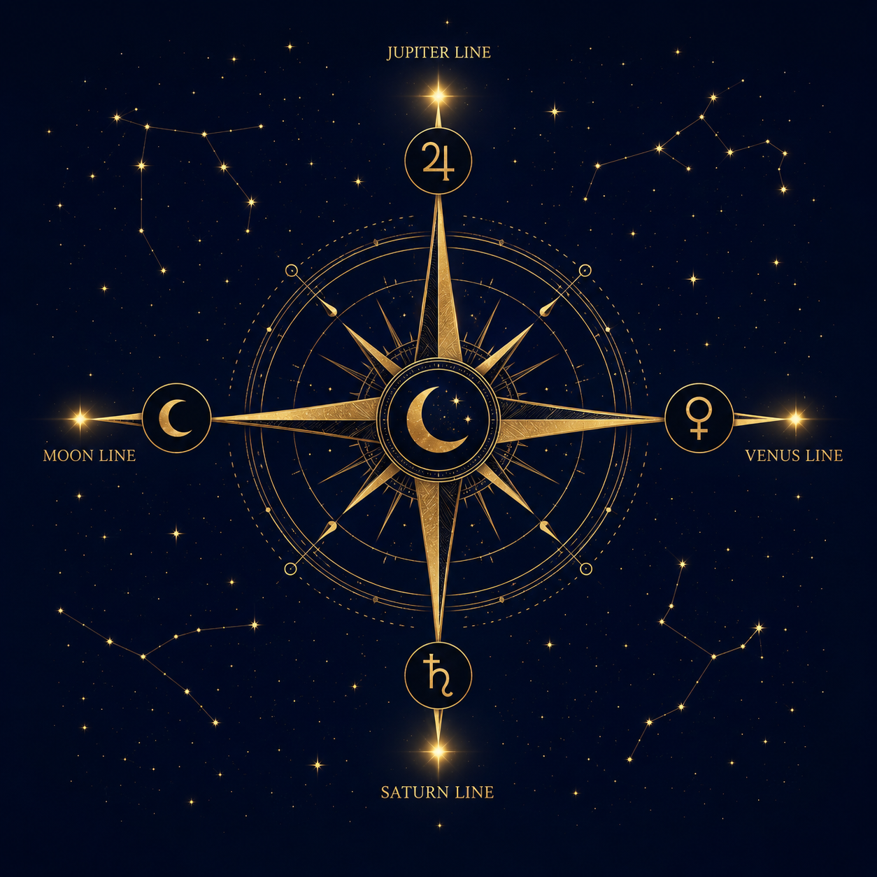 Celestial compass showing planetary lines — Jupiter, Venus, Saturn, Moon
